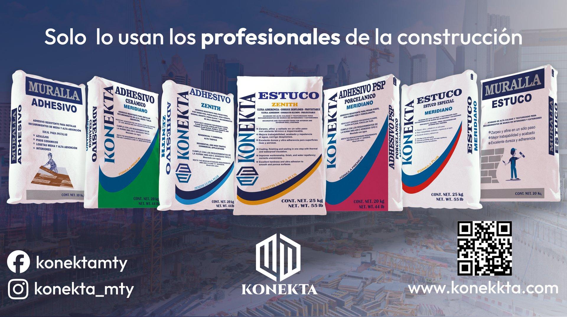 Línea completa de productos Konekta — adhesivos, estucos, muralla, impermeabilizantes
